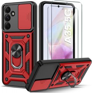 Kalanka-Coque Compatible Avec Samsung Galaxy A35 5g Avec 2 Verre Trempé, Lentille Coulissante Couverture, Support 360° Rotatif Militaire Pc Dur Renforcée Armor Antichoc Bumper Housse Etui - Rouge - Neuf