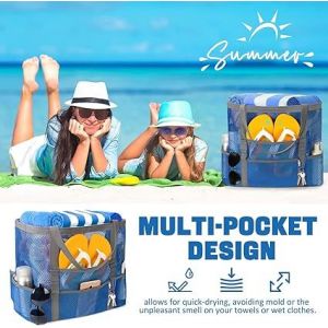 (bleu) Sac de plage en maille, grand sac de plage, sac de natation, fourre-tout pliable en maille pour votre voyage à la plage en famille - Neuf