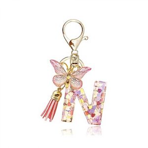JUSCH Mode Alphabet Initiale Lettre Porte-clés Pompon Papillon Pendentif Porte-clés pour sac à main Sacs à main Femmes Fille--N - Neuf