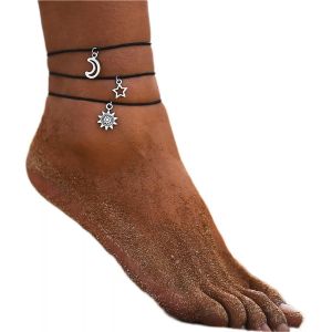 Kal-Bracelet De Cheville En Corde En Couches Boho Plage Étoile Lune Soleil Bracelets De Cheville En Corde Imperméable À La Main Bijoux De Pied Pour Femmes Et Filles (Noir 3 Pcs) - Neuf