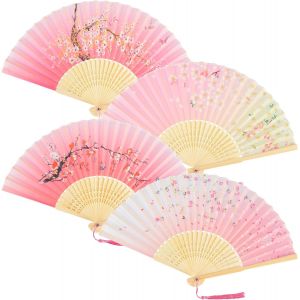 Kalanka-Lot De 4 Eventail Tissu Bois Plié Chinois Eventails Pliants Soie Et Bambou Avec Frange Style Japonais Mini Éventail Décoration Japonaise Pour Femme Mariage Été Enfant Fille Homme - Neuf
