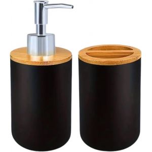 KAL-Ensemble Distributeur De Savon Pour Salle De Bain Et Gobelet Avec Bambou, Distributeur De Savon Et Porte-Brosse Pour Salle De Bain Moderne 350 Ml, Accessoires Cuisine Et Salle De Bain, Savon Liqu - Neuf