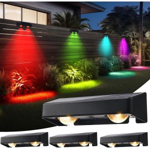 Lampe Solaire Exterieur Jardin, Lot De 4 Applique Murale Solaires 11 Modes &Eacute;tanche Led Lumi&egrave;res De Cl&ocirc;ture &Eacute;clairage D&eacute;coration Pour Chemin Escalier Patio, Blanc Chaud+Blanc Froid+Couleur Rvb - Neuf