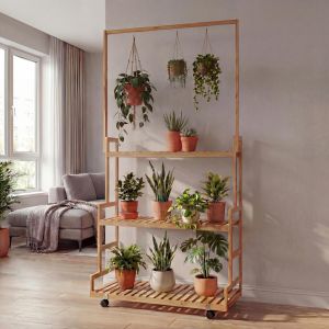 &Eacute;tag&egrave;re &Agrave; Plantes En Bambou Hwc-Q33, &Eacute;tag&egrave;re En Escalier Pour Fleurs, Support &Agrave; Plantes En Escalier, Tige Avec 3 &Eacute;tag&egrave;res Et Roulettes, 175 X 93 X 38 CmNaturel - Neuf