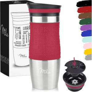 Gobelet isotherme en acier inoxydable - 100 % anti-fuites - 370 ml - Double paroi isolante - Pour boire en déplacement en voiture, Acier inoxydable, rouge, 370 ml - Neuf