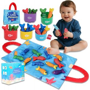 Montessori Jeu de p&ecirc;che en tissu &agrave; partir de 1 an-Avec gobelets empilables et kit de s&eacute;lection de couleurs-Premier cadeau d'anniversaire-Jouet &eacute;ducatif de voyage avec activit&eacute; - Neuf