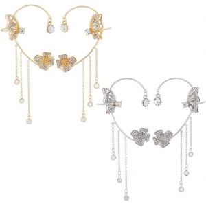 Kal-2 Paire De Boucles D'oreilles Pillon Pour Femmes, Manchettes D'oreilles En Or, Cha&icirc;ne &Agrave; Pampilles Non Perc&eacute;es, Clips D'oreille En Or, Bijoux Boucles D'oreilles Pour Votre Famille - Neuf