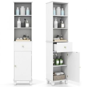 COSTWAY Meuble Colonne de Salle de Bain avec Porte et Tiroirs, Sac &agrave; Linge et 2 Compartiment Ouvert, &Eacute;tag&egrave;res R&eacute;glables Blanc - Neuf