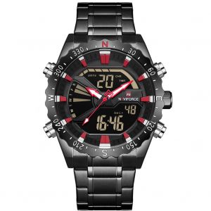 Montre-Bracelet Electronique Naviforce Pour Homme, Etanche, Avec Bracelet En Acier (Boitier Noir Et Rouge) - Neuf