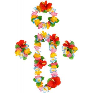 Kal-Colliers De Fleurs Hawaïennes Hula Luau Collier Bracelet Bandeau Hawaïen Colliers Fleurs Hawaïen Pour Carnaval Fêtes Sur La Plage Hawaïenne Pom-Pom Anniversaires (Rouge Orangé R) - Neuf
