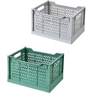 Lbgwp60-2 Pcs Boîtes De Rangement Pliable Caisses Rangement En Plastique Empilables Cagettes Pliantes Pliable Pour Cuisine, Salon, Chambre À Coucher (Vert Foncé+Gris) - Neuf