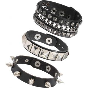 Kal-3 Pièces Bracelet Punk Orné, Rivets Bracelet En Cuir Noir Gothique Bracelet Rock Ensemble, Bracelet Brassard Réglable Pour Les Hommes Femmes Cosplay Party - Neuf