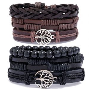6pcs Bracelets Cuir Pour Homme Femme Tressé Bracelet Manchette Corde Arbre De Vie Bracelet Vintage Réglable Noir Brun - Neuf