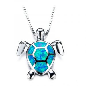 Collier Avec Pendentif Tortue De Mer Nautique En Alliage Et Opale Bleue - Neuf