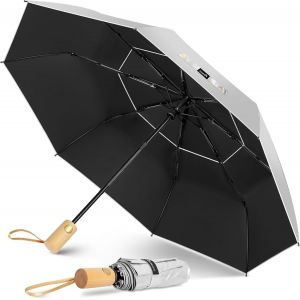 meimie-Parapluie Pliant Anti Uv,Parapluies Compact Automatique Anti Tempête,Petit Ombrelle Soleil Solide Avec Poignée En Bois Pour Homme Femme - Neuf