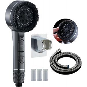 Filtre de pommeau de douche haute pression économiseur d'eau, 3 + 1 modes de jet, interrupteur de pause d'eau, ensemble de support de tuyau universel et 3 filtres - Neuf