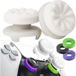 Grip Joystick pour PS5 - FPS Capuchons Joystick pour PS5 & PS4 Accessoires Manette 2 Thumbsticks Grip + 3 Anneaux de Pr&eacute;cision Controller Thumb &agrave; Aide avec Viser R&eacute;duire Pouce Fatigue, Blanc - Neuf