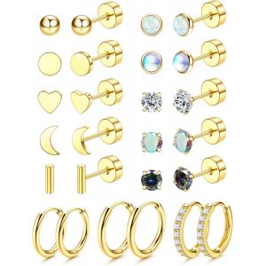 Kal-3 Paires Petites Boucles D'oreilles Femme Acier Chirurgical Piercing Oreille Hypoallergénique Boucles D'oreilles Créoles Cartilage Moonstone Zircon Clou D'oreille Pour Multiple Piercing - Neuf
