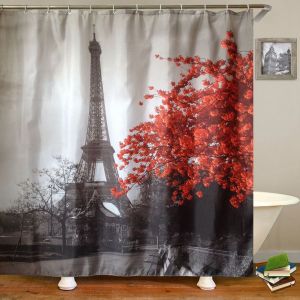 HJLIAN Rideau de douche impermeable a motif de tour et d'arbre, 180 x 180 cm, avec crochet de suspension - Neuf
