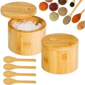 Lot De 2 Boîtes À Sel Rondes En Bambou Pour Sel Et Épices Avec Couvercle Pivotant Magnétique Et 6 Cuillères,Récipient À Poivre Et Épices,Pot À Épices,Bol,Bocaux Pour La Cuisine - Neuf