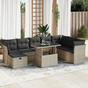 Salon De Jardin 9 Pcs Avec Coussins Gris Clair Résine Tressée - Neuf