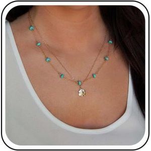 Kal-Boho Collier Turquoise Pièce En Couches Or Martelé Pièce De Monnaie Disque Pendentif Collier Vintage Collier Chaîne Bijoux Pour Femmes Et Filles - Neuf