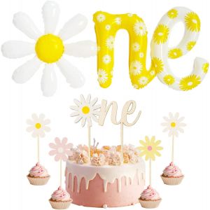 CAUC-Ballon Foil Marguerite + 5 Pi&egrave;ces D&eacute;coration de G&acirc;teau,Ballon Marguerite Anniversaire,Kit de D&eacute;corations de F&ecirc;te D'anniversaire en Forme de Marguerite,B&eacute;b&eacute; Bapt&ecirc;me - Neuf