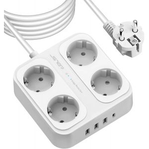 5M Power Strip Surge Protector, 4 Sockets And 4 Usb Ports (3680W/16A), Power Strip With 3 Usb A Ports+1 Usb C Ports With Switches, Overload Protection-White - Neuf
