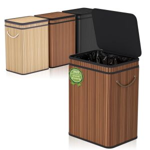 Kalanka-Grande Poubelle De 80 Litres Avec Couvercle, Corbeille &Agrave; D&eacute;chets En Bambou, Poubelle D'ext&eacute;rieur Pour La Maison, Le Bureau, La Salle De Bain, La Cuisine 40x30x60 Cm (Brun) - Neuf