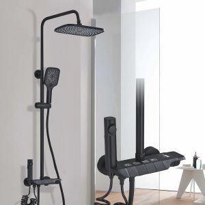 Ensemble de douche, douche avec 4 modes, touches de piano, ensemble de douche r&eacute;glable en hauteur, colonne de douche noire avec pomme de douche et douche, espace en aluminium - Neuf