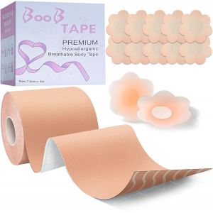 Breast Lift Adhesive Boob Tape,Invisible Adhesive Bra With 2 Nipple Covers Women Invisible Push Up,10 Satin Breast Petals,Breathable Body Tape For A-G Cup Big Breasts,Skin-Coloured,D - Neuf