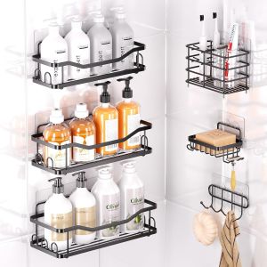 6 Pcs Etagere Douche Sans Percage,Etagere Salle de Bain,Rangement Salle de Bain Accessoire Bain Organisateur de Salle de Bain Avec Paniers de Douche,Porte-savon,Porte-brosse à dents,Crochet - Neuf