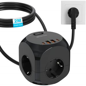 8 In 1 Usb Socket Cube With 2 Usb-A & 2 Usb-C, 4 Cube Sockets With Switch, Multi-Socket Distributor With 2 M Cable, Black - Neuf