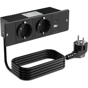 Prise de Table 2 Prises avec USB C 20W,Prises Multiprise avec USB C,PD 10W USB A,10A/2400W,Prise Encastrable Plan de Travail pour Meuble de Table ou Plan de Travail,Noir - Neuf
