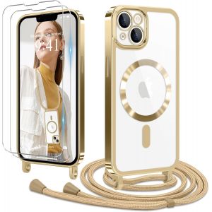 Ayu-Coque Pour Iphone 13/Iphone 14 Avec Cordon De Collier + 2×Verre Trempé, Coque Transparente Silicone Tpu Bumper Etui Housse Avec Cordon Réglable, Coque Magnétique Pour Iphone 13/14 Or - Neuf