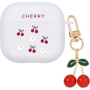 &Eacute;tui de Protection Compatible avec Airpods 4 G&eacute;n&eacute;ration 2024 avec Pendentif Cerises 3D, Housse Mignon avec Dessin de Cerises Fleurs pour Fille, Coque en TPU Antichoc Anti-rayures Antid&eacute;rapante - Neuf