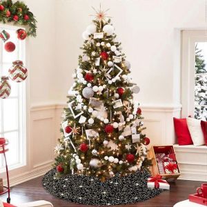 Jupe de sapin de No&euml;l dor&eacute;e 91 cm, motif sir&egrave;ne, sequins, col en velours luxueux &agrave; paillettes, d&eacute;coration de No&euml;l noire et dor&eacute;e - Neuf