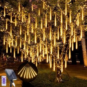 LED Solaires Guirlande Lumineuse Exterieure Noel, 240 LEDs Météore Pluie Guirlandes Lumineuse, 10 Tubes 30CM Étanche Neige Chute De Guirlande Lumières pour Noël Arbre Mariage Fête Decor (Blanc Chaud) - Neuf