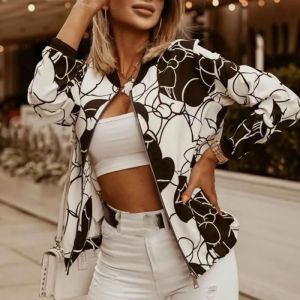 Veste Femme - Mode - Imprimée - Blanc - Col Montant - Manches Longues - Neuf