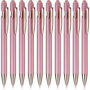 Rose Gold Stylos &agrave; bille avec pointe stylet, 10 pcs 1,0 mm Stylos &agrave; bille r&eacute;tractables Stylo en m&eacute;tal &agrave; encre noire Stylo d'&eacute;criture &agrave; pointe moyenne Stylet pour &eacute;crans tactiles - Neuf