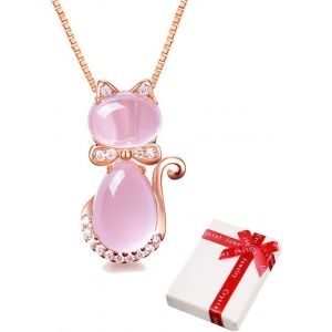Kal-Collier Dames Pendentif Rose Avec Strass Pour Les Adolescentes Femmes,Colliers D'amiti&eacute; En Pierre Naturelle Or Rose Gravure Chat, Cadeau De Bijoux De Mode Pour Petite Amie Fille F&ecirc;te Des M&egrave;res 45 - Neuf