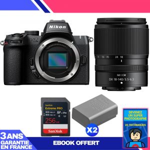 Boitier Nikon Z50 II + 18-140mm f/3.5-6.3 VR + 1 SanDisk 256GB Extreme PRO UHS-II SDXC + 2 Nikon EN-EL25a + Ebook 'Devenez Un Super Photographe - Neuf