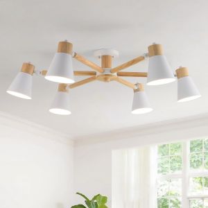 Subzonal-Blanc Plafonnier Cuisine 6 Lumi&egrave;res,Bois Et Fer Luminaires Int&eacute;rieur Lampe &Agrave; Bras L&eacute;ger R&eacute;glable Lustre Salon E27 &Oslash;82cm Moderne Abat Jour Plafond Pour Chambre Maison - Neuf
