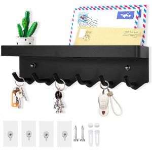 KALANKA-&agrave; 6 Crochets Porte Cl&eacute; Mural, Multifonctionnel Auto-Adh&eacute;sif ou Per&ccedil;age Installation 2 Fa&ccedil;ons Porte Cl&eacute;f Mural Adapt&eacute; &agrave; L'entr&eacute;e, &agrave; la Cuisine, au Bureau, &agrave; la Salle de Bain et au Salon (Noir) - Neuf