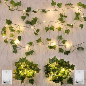 TRAHOO-2 Packs Guirlande Lumineuse avec Feuilles, Cha&icirc;ne Lumineuse de Lierre 2m, Guirlande Lierre Lumineuse 20 LEDS, Plantes Artificielles Guirlande Lumineuse &agrave; LED, pour Lnt&eacute;rieur, Mariage, Bureau - Neuf
