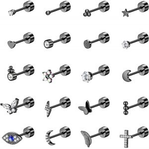 Kal-Hypoallerg&eacute;nique Boucles D'oreilles Femme Acier Chirurgical Cartilage Boucle D'oreille 20g Petit Piercing Helix Cz Etoile Papillons Lune 20pcs Or Argent Noir - Neuf