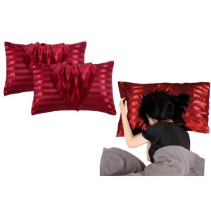 Taies d'oreiller en satin &agrave; rayures rouges - Lot de 2, fermeture portefeuille, polyester doux, 51 x 76 cm - Neuf