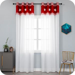 Chenquansarl-Paire De Rideaux Blancs Semi-Transparents Avec Fleur De Lotus Et Ourlet Supérieur Rouge Rideau Pour Balcon Porte Salon Chambre Et Chambre 2 Panneaux Avec ?illets (Rouge, 140 X 280 Cm) - Neuf