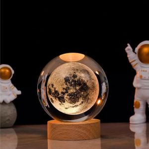 BNHGC-Veilleuse Boule de Cristal 3D, Planète 3D - Boule de Cristal de Scène de Nuit Astronomie, Lampe de Nuit Boule de Verre avec Socle en Bois, Décoration de Noël pour enfants(Lune) - Neuf