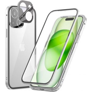 Coque 360° Iphone 15 Plus (6,7"") - Bumper Métal Magnétique, Double Face Verre Trempé Transparent, Ultrafine Compatible Recharge Sans Fil - Neuf
